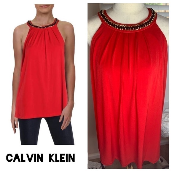 Calvin Klein XL Red Silk (?) Gold Velvet Braid Top - Picture 1 of 4